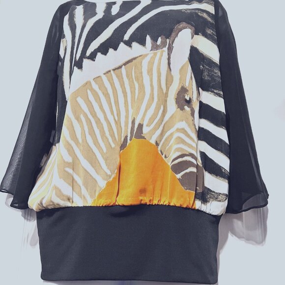 Very Vollbrach Women's Blouse-Sheer Sleeves-Size Small-Black/Zebra Print-Baggy - Picture 5 of 15
